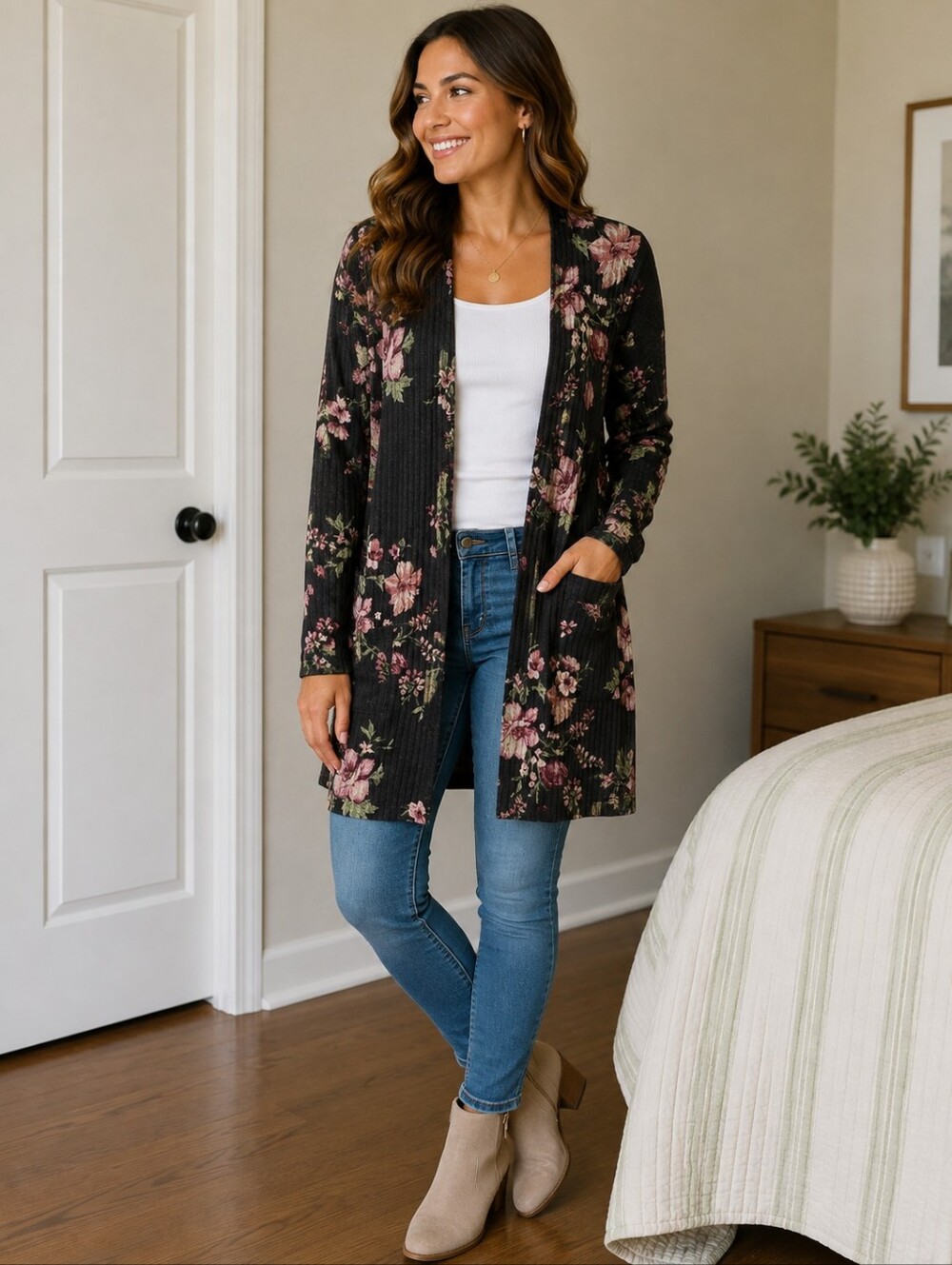 Reborn J Black Floral Open-Front Cardigan with Pockets